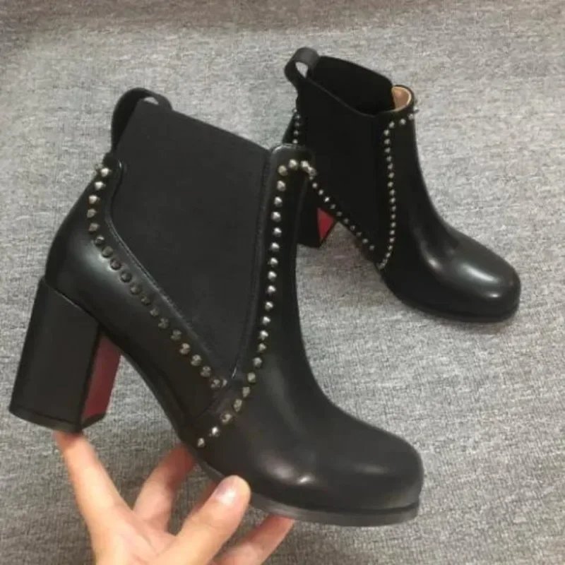 

TOP QUALITY Real Cow Leather Ankle Boots Woman Round Toe Rivet High Heels Shoes Woman Sexy Chelsea Boots Red Bottoms Shoes 8cm