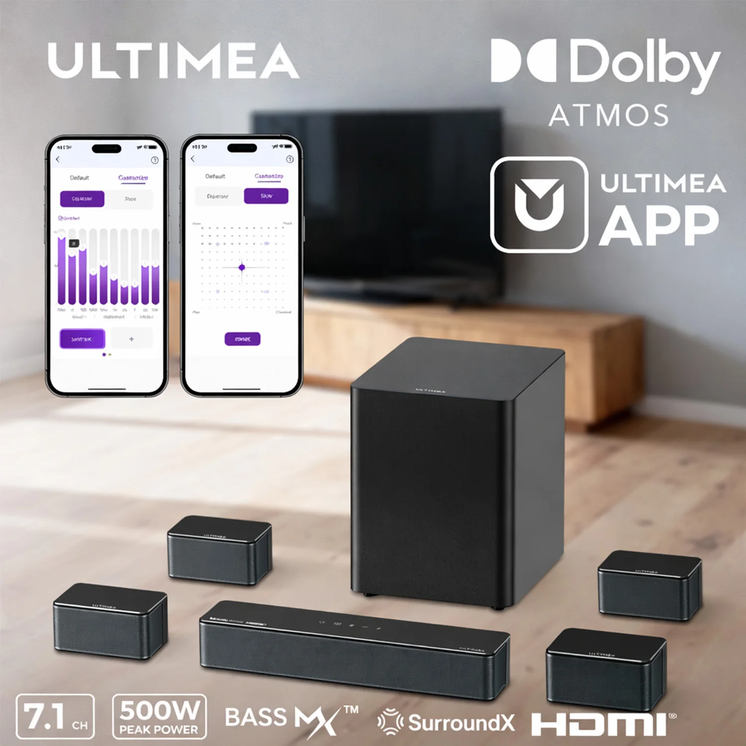 

ULTIMEA 500W Sound Bar 7.1Ch Soundbar with Dolby Atmos Surround Sound System for Home TV with 6.5" Wireless Subwoofer Soundbar