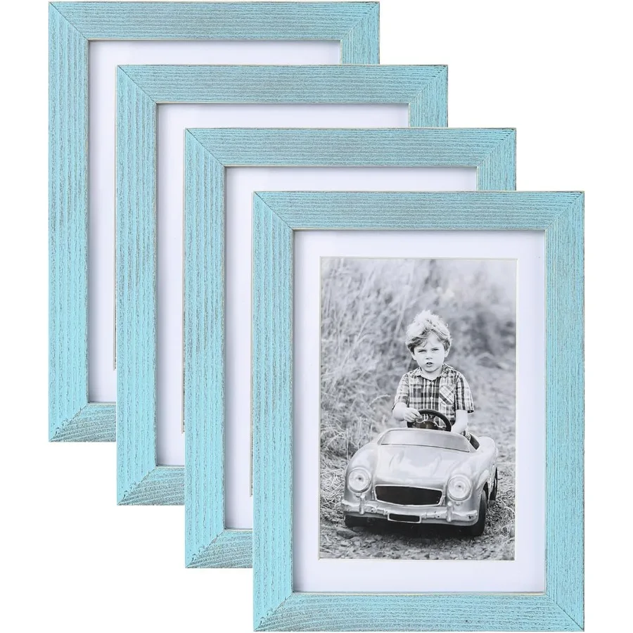 

5x7 Picture Frame Set of 4 Made of Solid Wood Display picture 4x6 with Mat Rustic Retro Lake Blue Photo Frames by Plexiglass fo