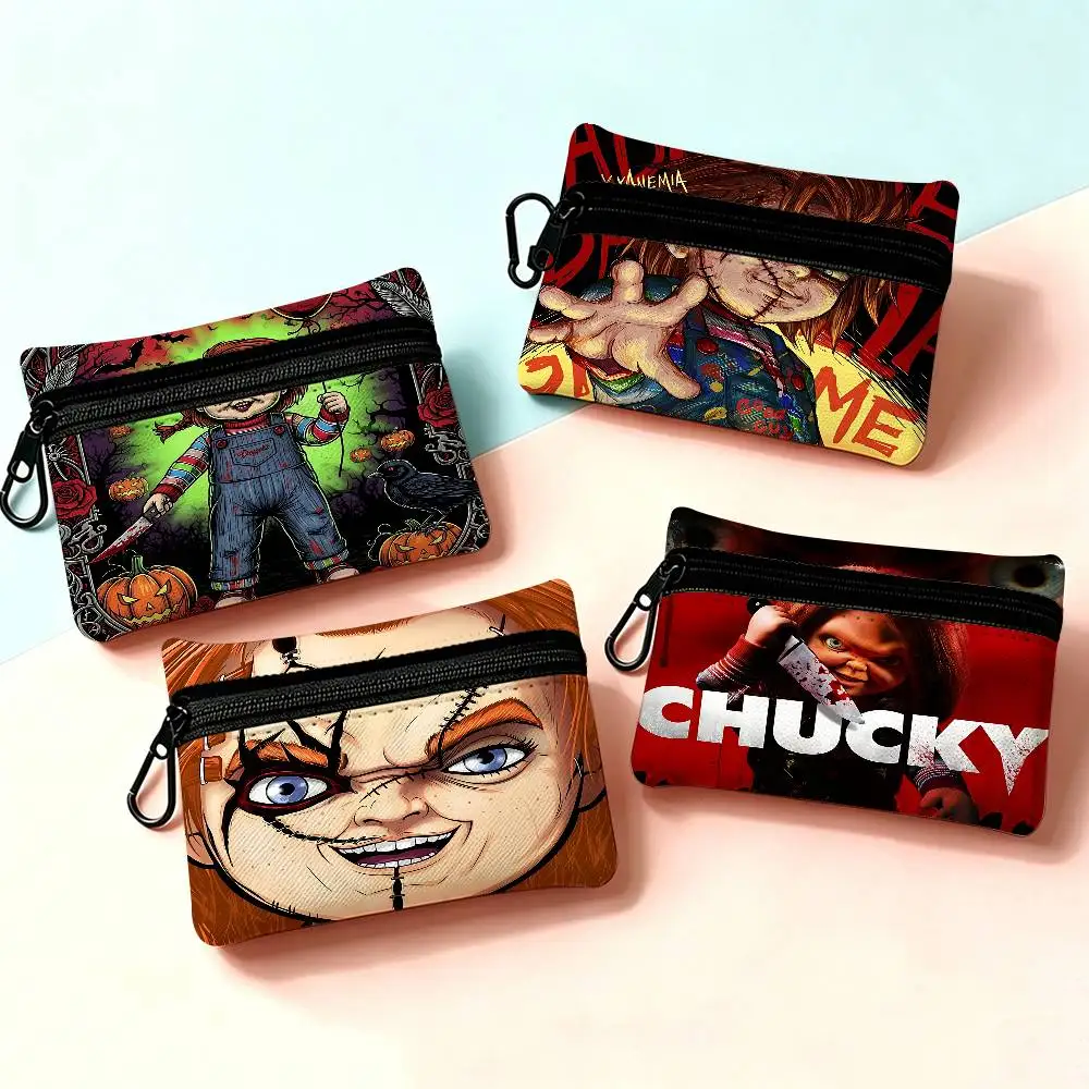 Chucky Doll Horror White Oxford Cloth Zipper Coin Purse Lightweight Hanging Key Pouch Card Holder For Daily Use