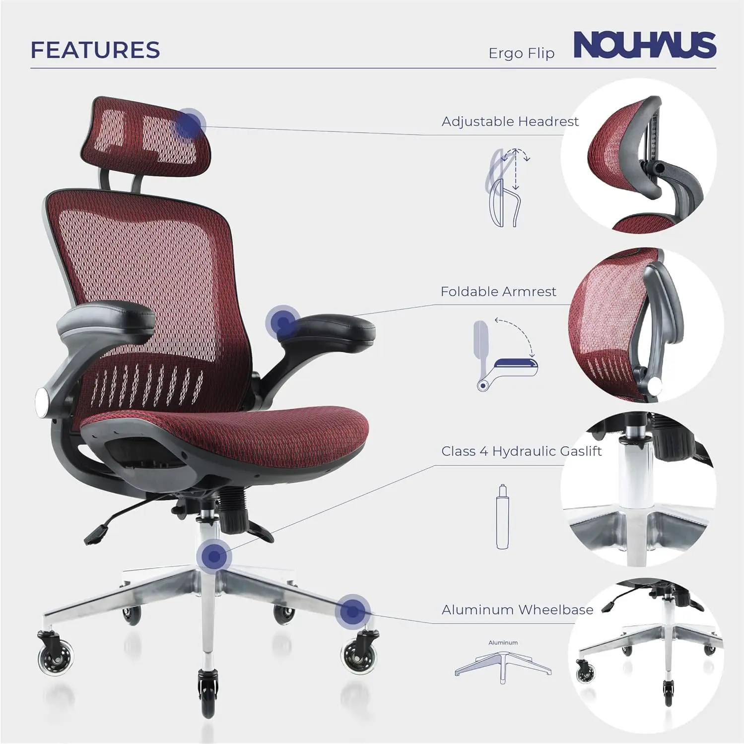 Office Chair - Mesh Office Chair with Adjustable Headrest, Lumbar Support & Blade Wheels - Executive