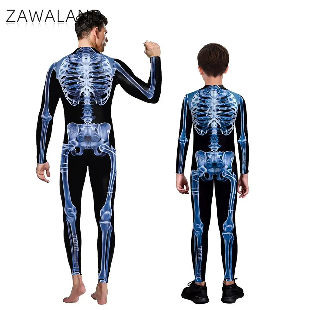 ZAWALAND Halloween famiglia abbinamenti completi Costume Cosplay 3D teschio stampato Spandex Full Body Catsuit Zentai Cosplay Suit