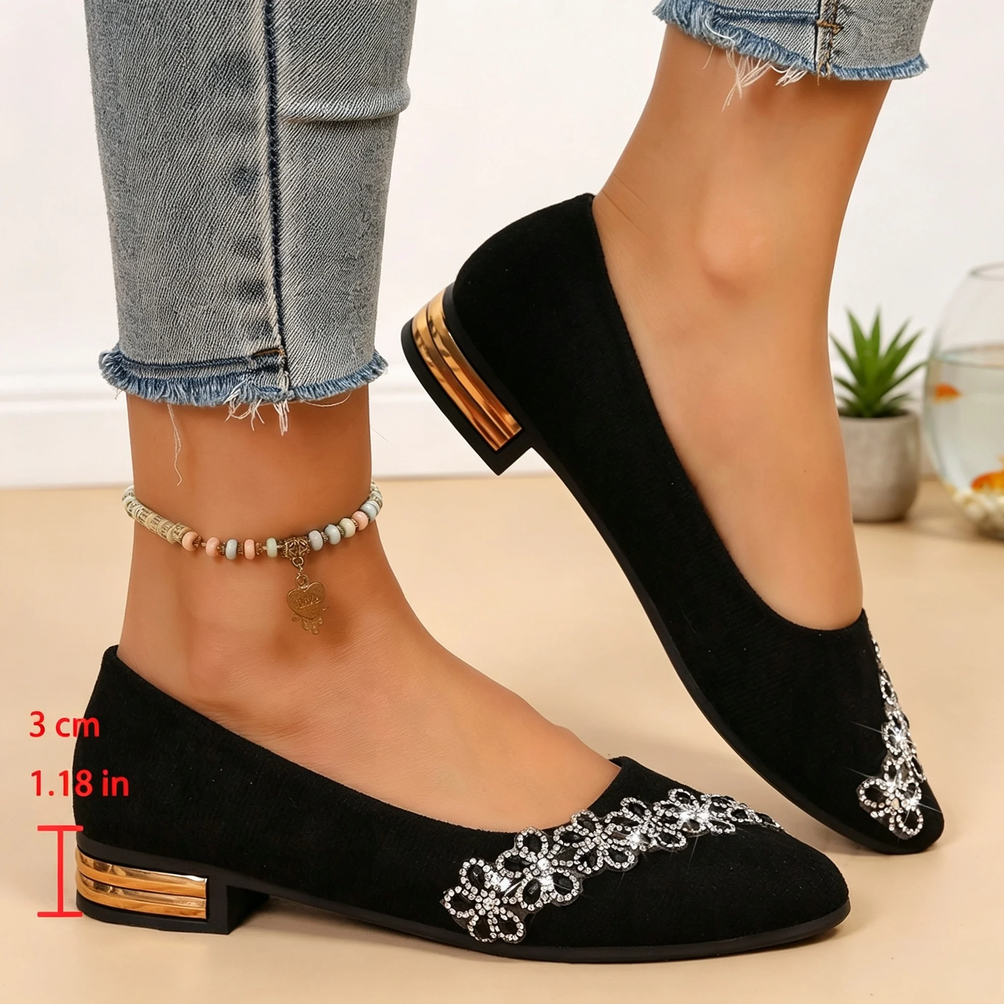 Trendy French Pointed‑Toe Women Slip‑On Shoes, Rhinestone Flower Plus‑Size Low‑Heel Shallow‑Mouth Soft‑Sole Footwear image 6