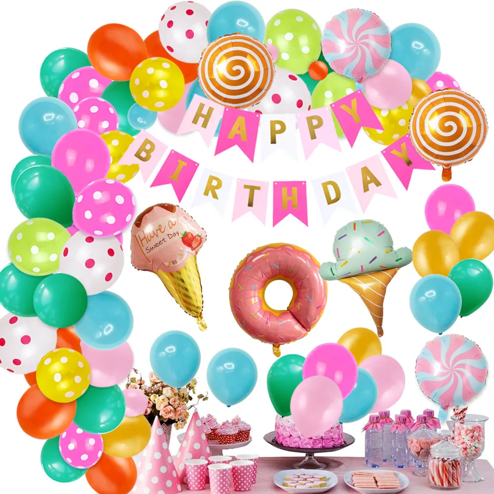 

Birthday Party Set Candy Land Theme Balloon Garland Ice Cream Donuts Foil Balloons Girl Happy Banner Party Supplie Kit for Kids