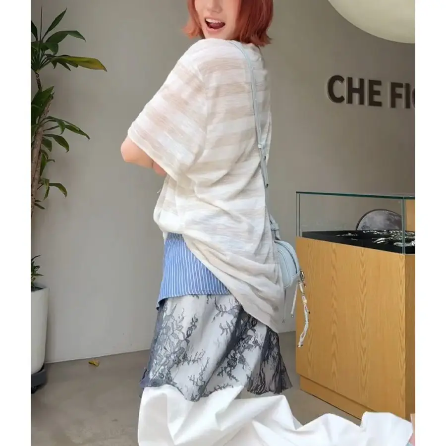 New Hollow Out Lace Up Patchwork Skirt Layering Panelled All-match Slim Fart Curtain Personalized Simple Casual Faldas