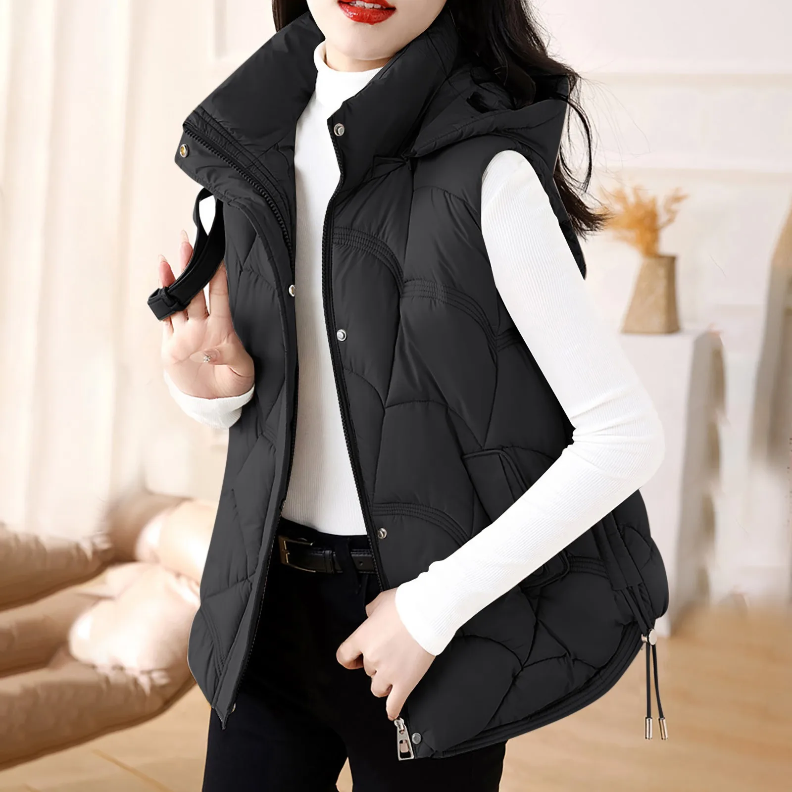 Women's Hooded Zipper Cotton Padded Vest Winter Warm Sleeveless Puffer Jacket Outdoor Korean Fashion Wolfeel Quilted Outwears