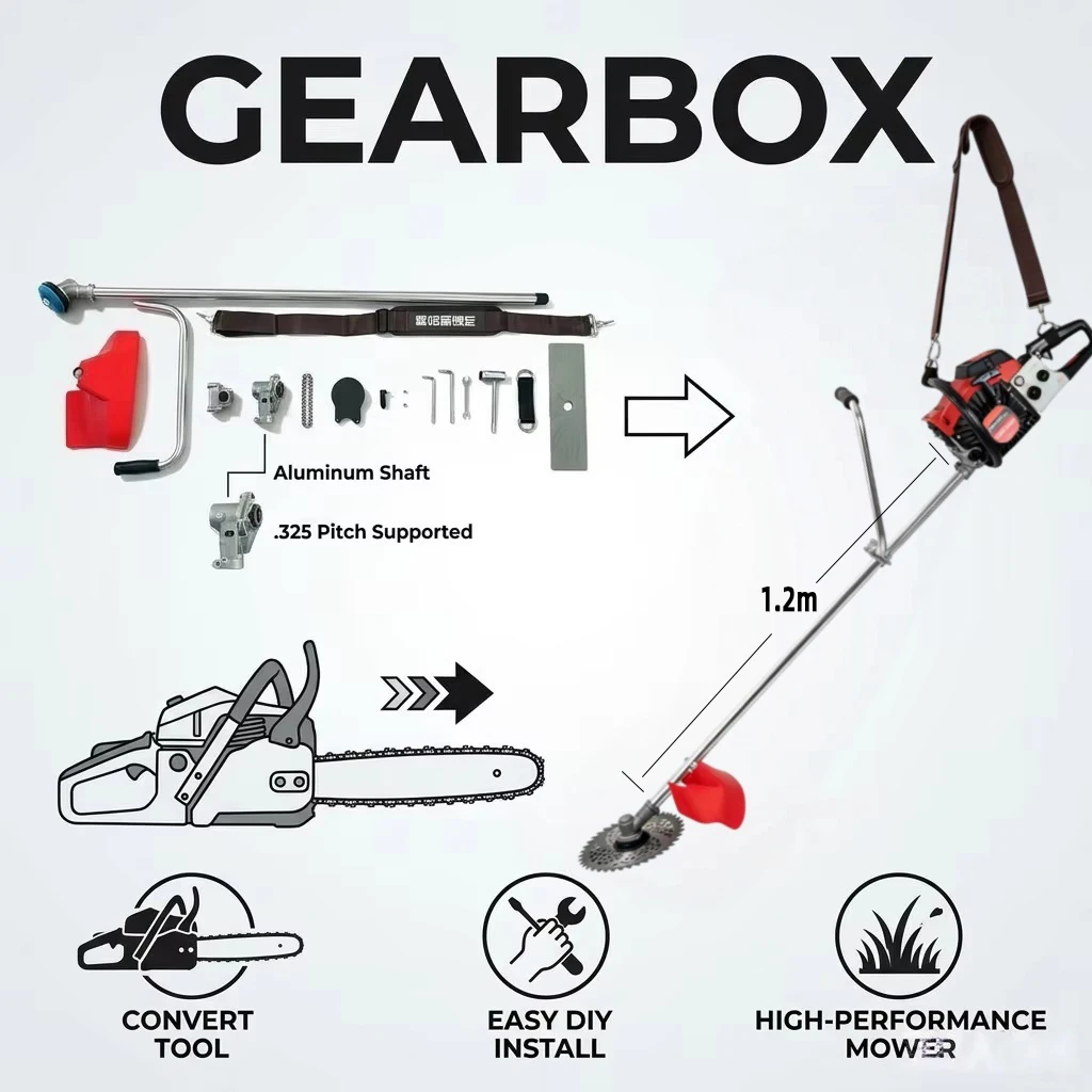 Gearbox assembly accessory for chainsaws with .325" pitch chain, used for conversion to a lawn mower not include machin
