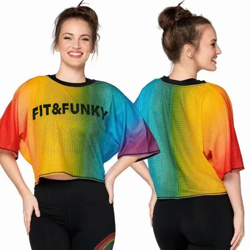 New Arrived Fit Funky casual sports wear short sleeve mesh top rainbow 0477