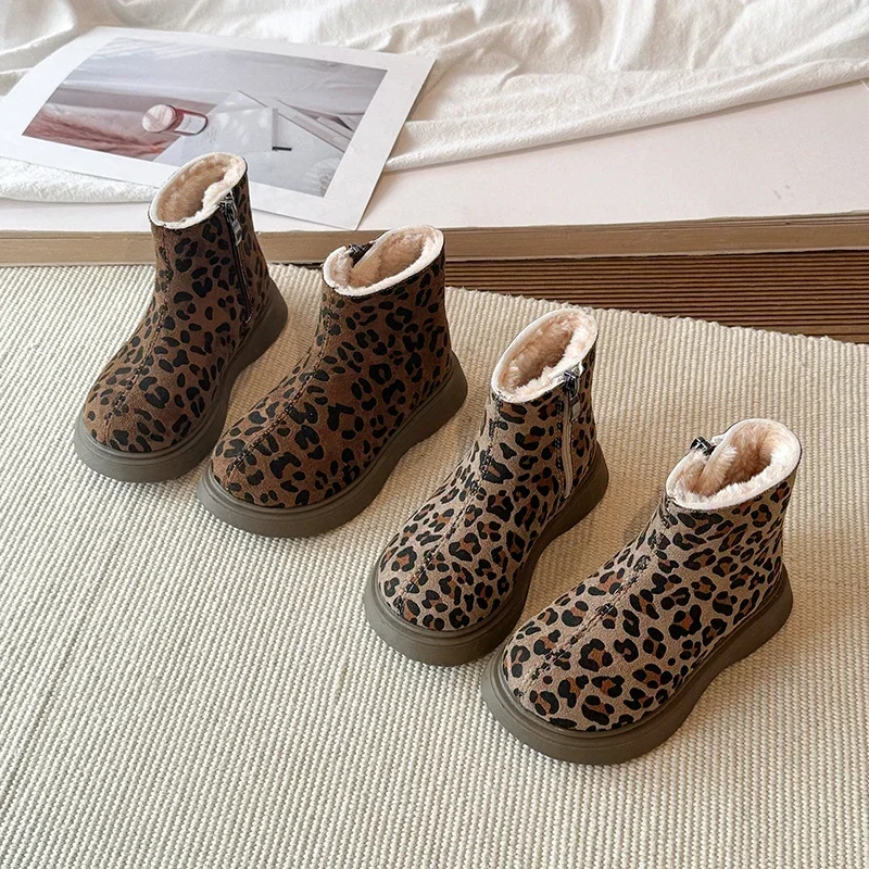 Little Kids Leopard Winter Boots, Faux Suede Plush Lined Inner Zipper Non-Slip Chunky Sole Warm Boots