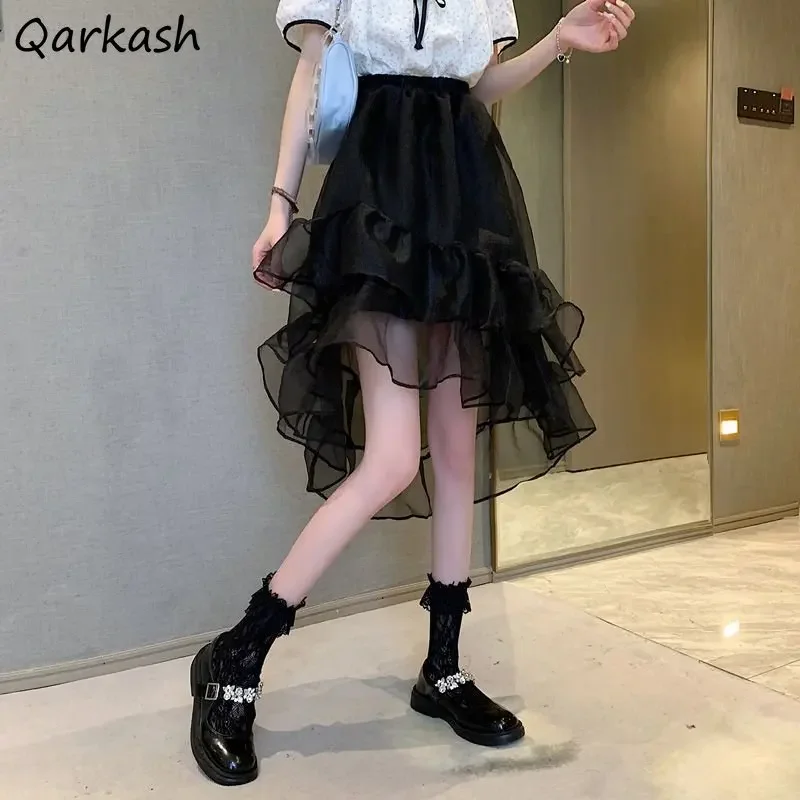 Skirts Women Gauze Temper Design Elegant Summer High Waisted A-line Black All-match Streetwear Teens Girlish Baggy Aesthetic Ins