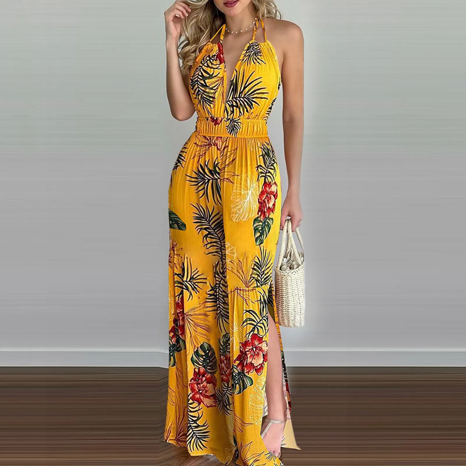 Jumpsuits For Women Backless Print Fashion Leg Jumpsuit Women Floral Slit Women\'S Jumpsuit جمبسوت