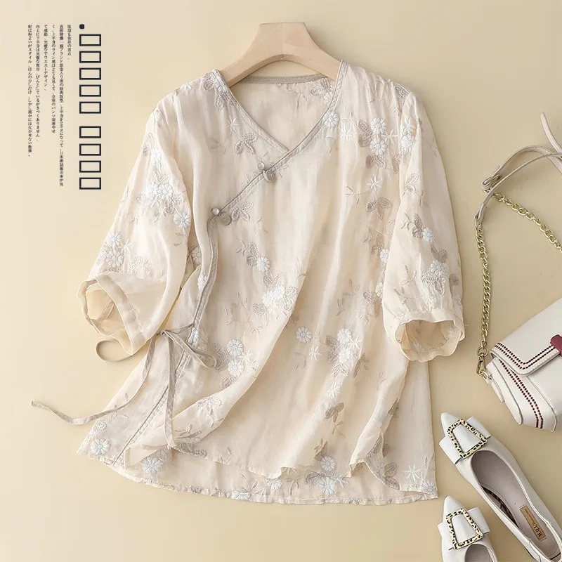 

New Chinese Sle Heavy Embroidery Women's Summer irt National Sle Improved Hanfu Small irt High-End Feeling S...