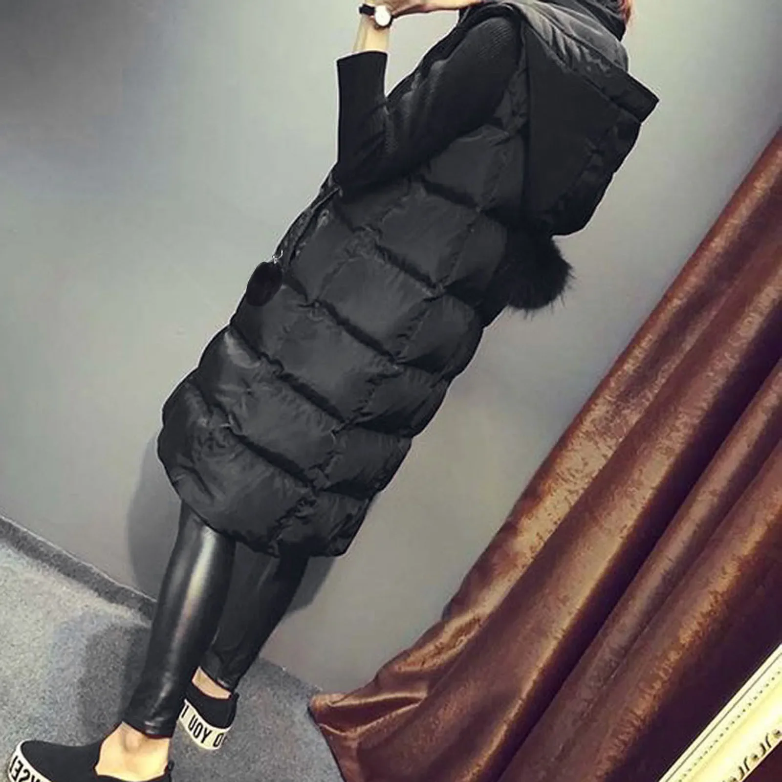 Autumn Winter Women Long Parkas Vest Warm Black Zipper Hooded Down Coat Parka Ladies Sleeveless Waistcoat Jacket Outwear