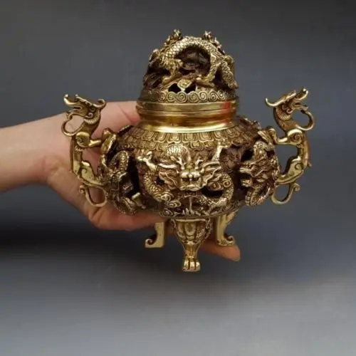 

7" Chinese Brass Gilt 9 Dragon Incense Burner Censer Incensory Burner Statue