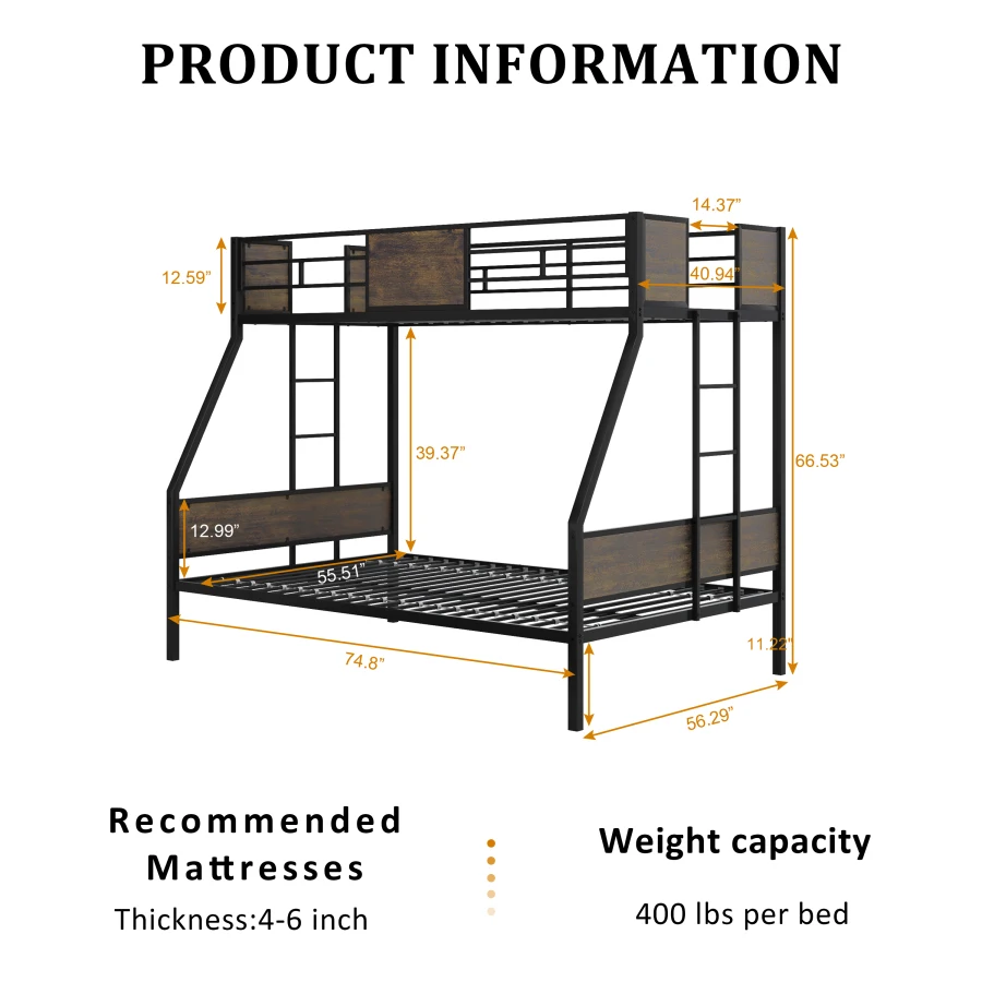 Twin Over Full Bunk Beds, Metal Bunk Bed Frame with Safety Guardrail and 2 Ladder for,Sturdy Metal Frame and Protective Board S