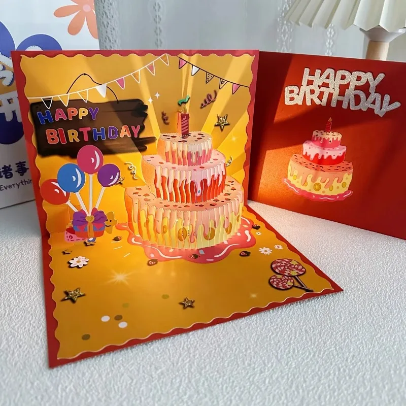 Geburtstags-Grußkarte, kreative 3D-Erdbeerkuchen-Musikbeleuchtung, fortschrittliche Segenskarten für Freunde, Geburtstagszubehör