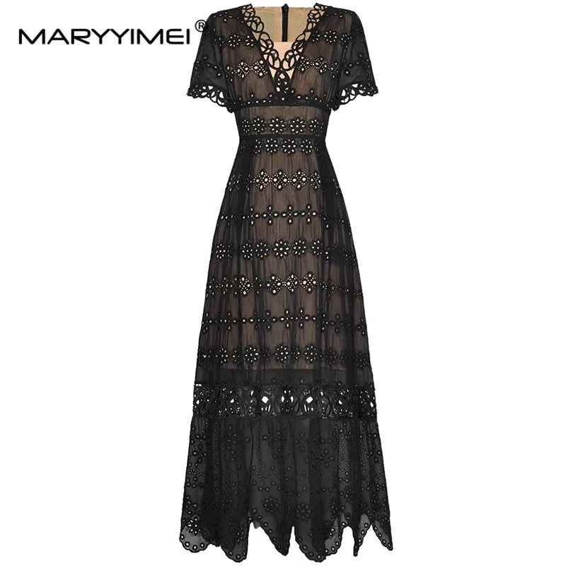 

MARYYIMEI Fashion Women's Spring/Summer 2024 New V-Neck Short-Sleeved Hollow Out Embroidered Lrregular High-Waisted Black Dress