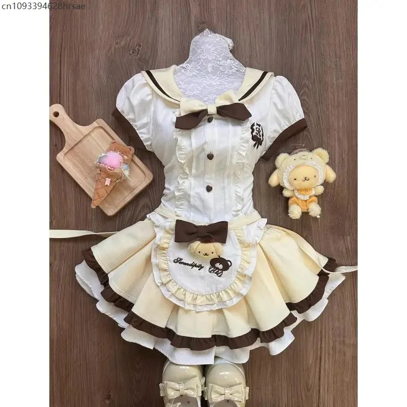 

French Sweet Slim O-neck 3-piece Set Women Kawaii Cute Sailor Collar Ruffled Bow Shirt Stitching Pleated Fluffy Skirt Y2k 2025
