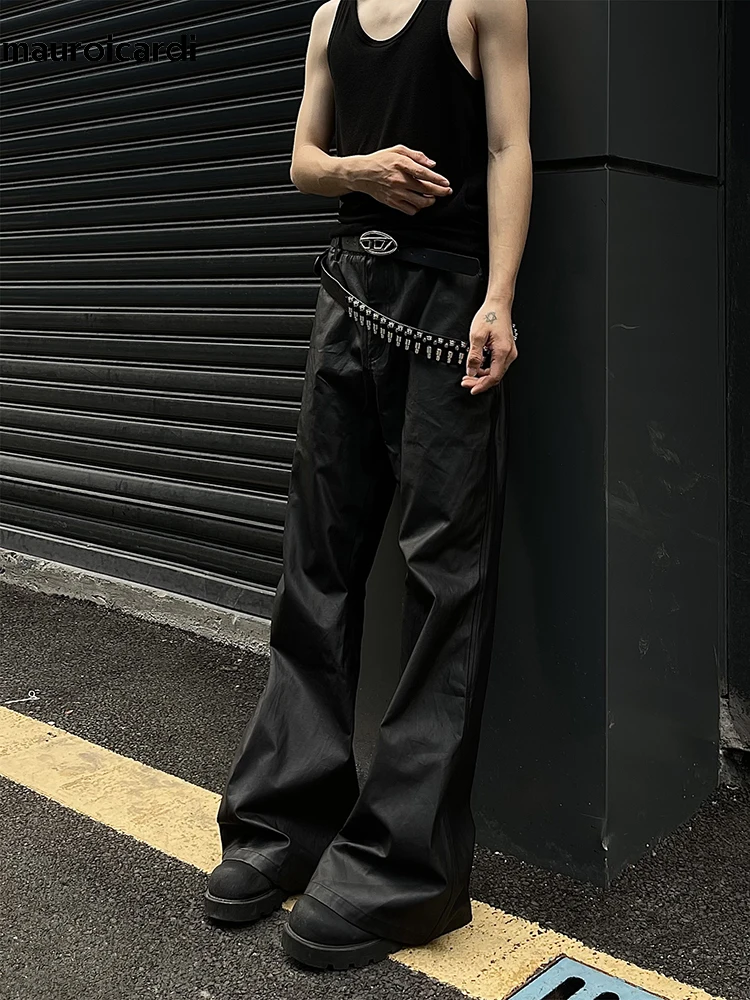 Mauroicardi Spring Autumn Cool Long Black Pu Leather Wide Leg Pants Men High Waist Luxury Designer Unisex Clothing Trousers 2024