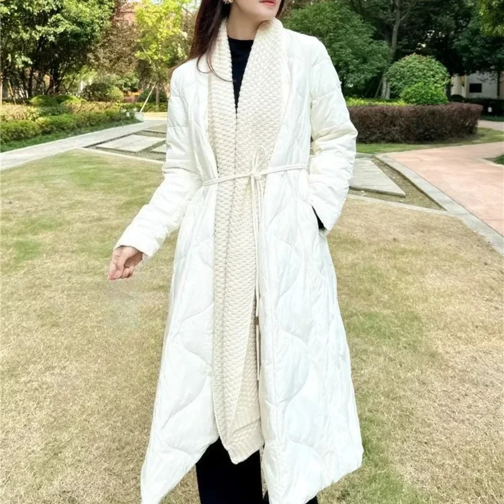 

White Duck Down Coat Long Puffer Jacket Fashion Women Scarf Knit Splicing Autumn Winter New Cross Knee New Style Down Jacket