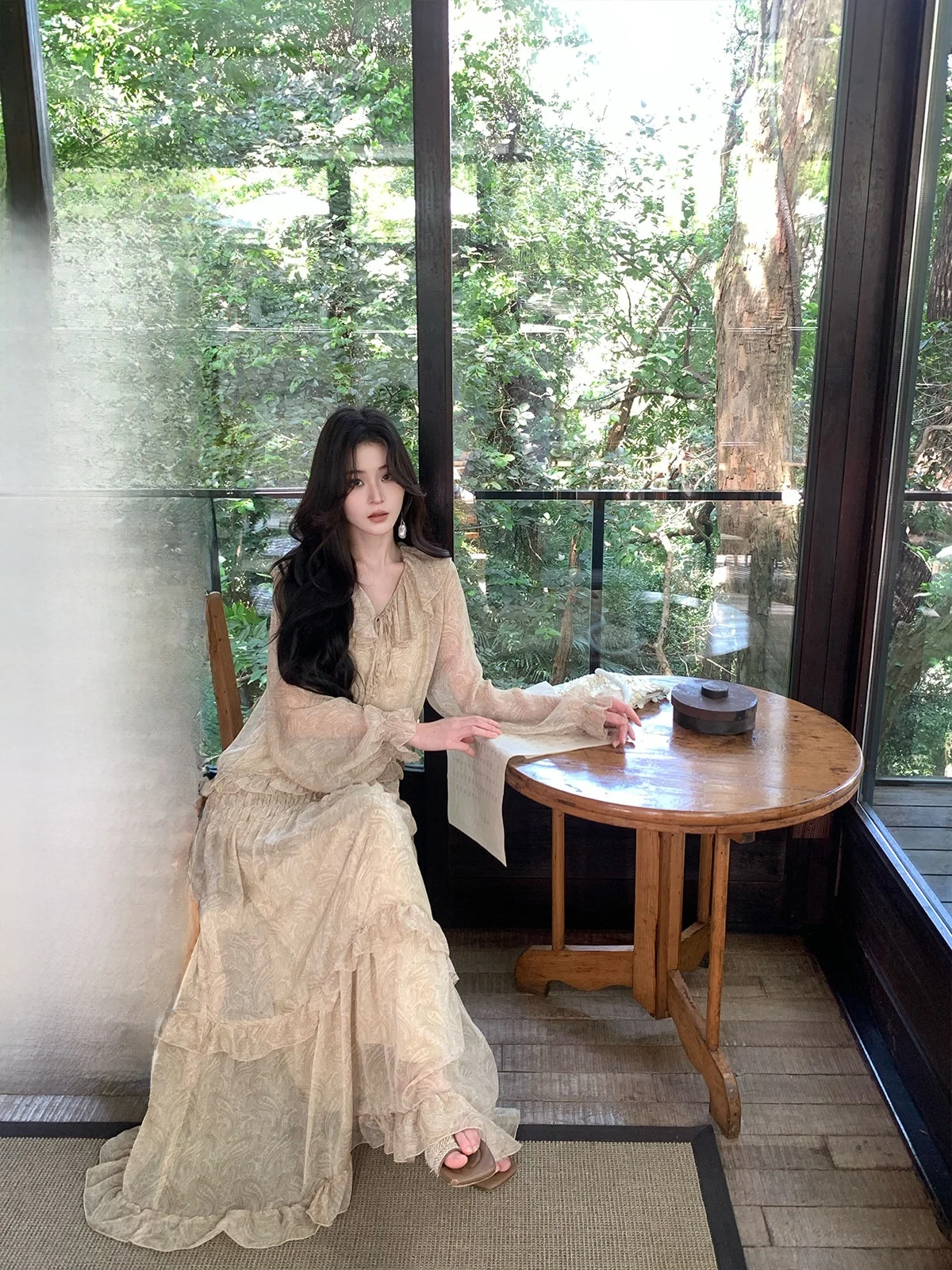 

Iceollo Long Sve Floral Print Dr Women's Maxi Dr Casual Sle Polyester Fabric Large Skirt Hem Early Autumn Faion