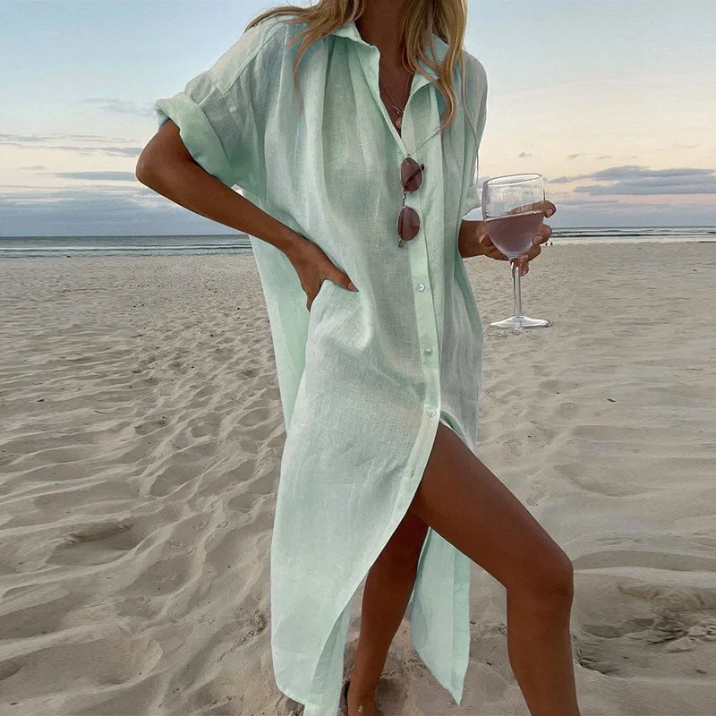 Women's Cotton Linen Woven Midi Shirt Dress Solid Color A Line Button Down Long Sleeve Loose Fit Fluorescent Beach Cover Up