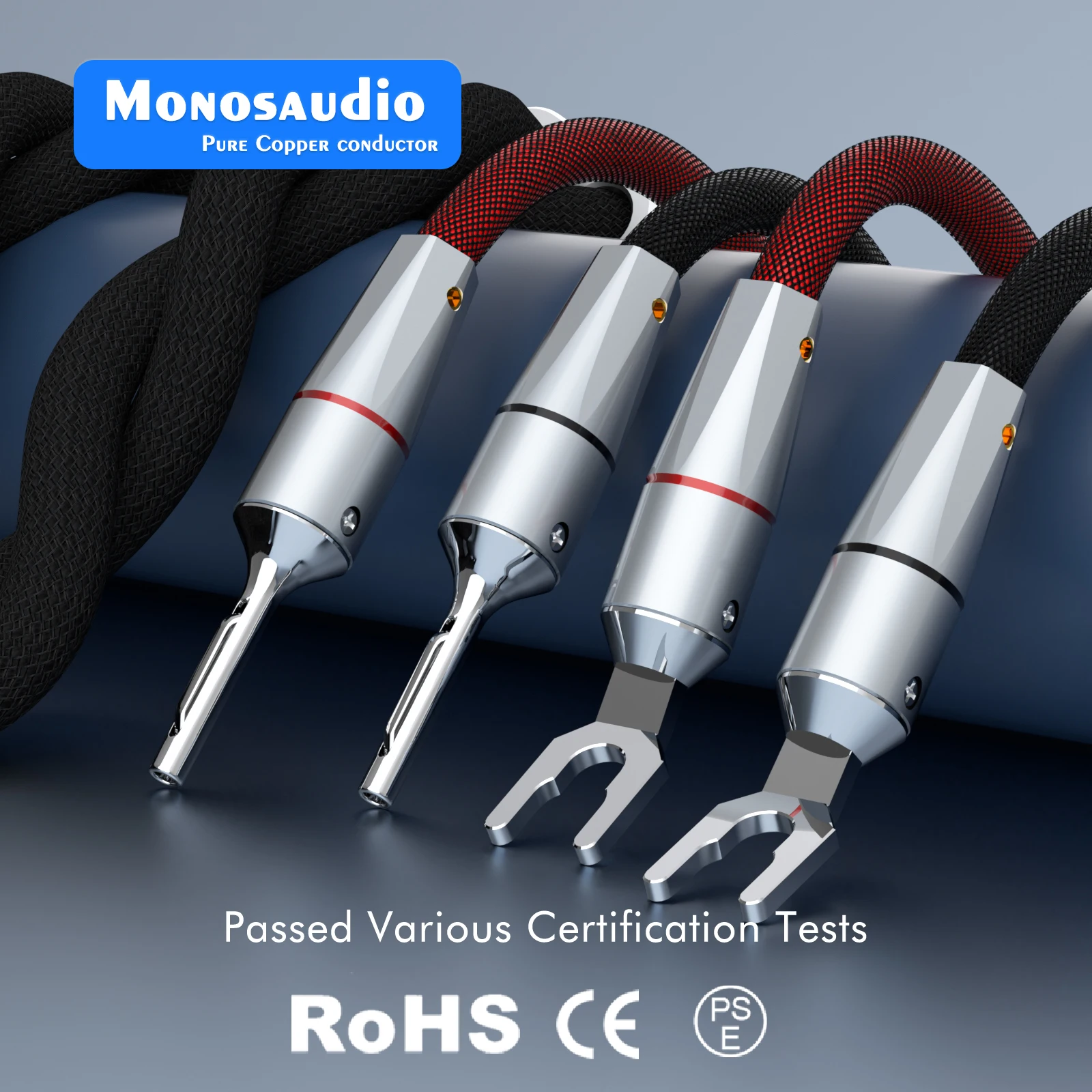 Monosaudio OCC Silver Plated Speaker Cable Pure Copper Rhodium Plated Y Plug Silver Plated HiFi Audio Amplifier Connection