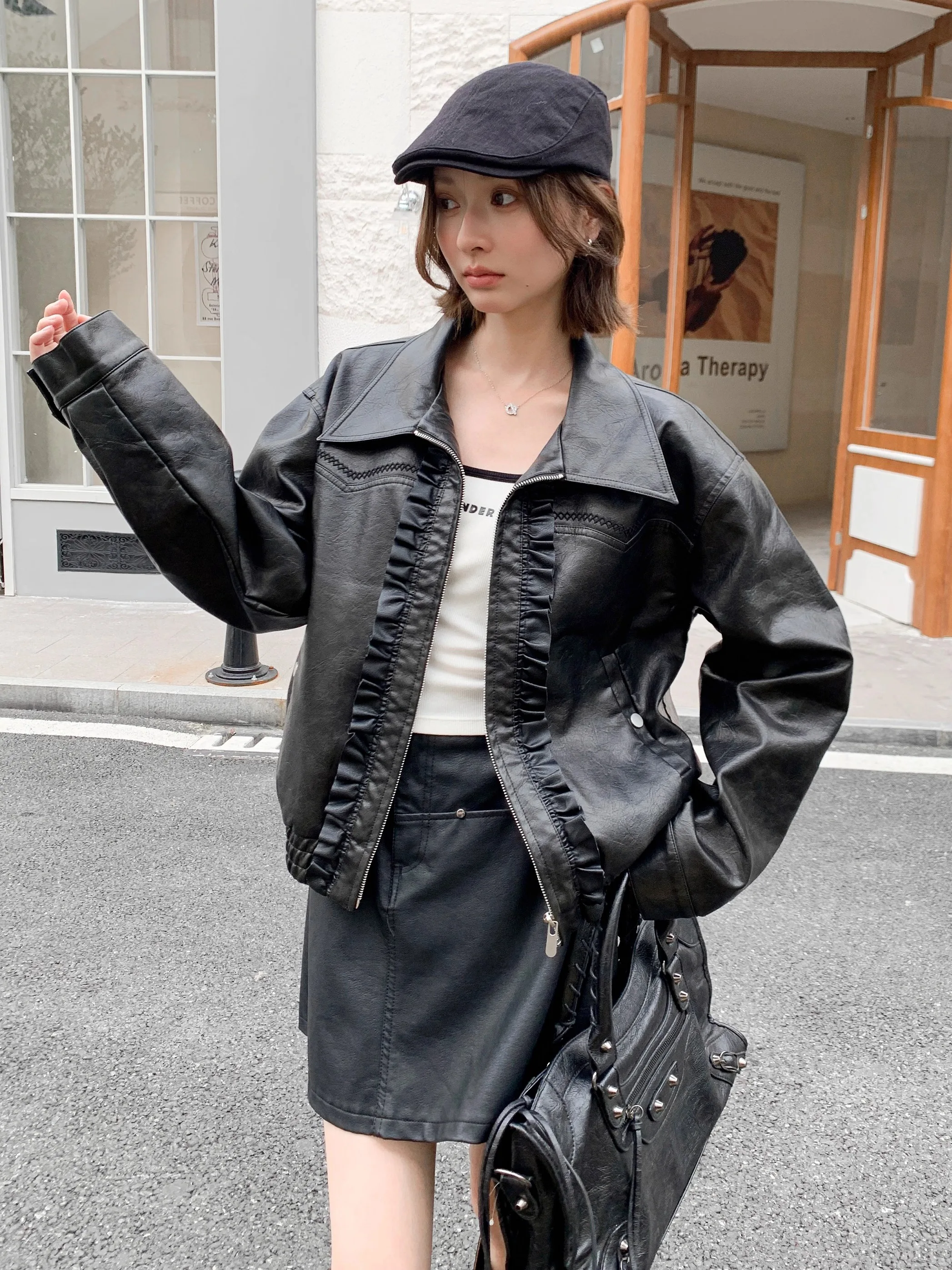 Bla Retro-Lederjacke für Damen, Herbst, vielseitig, locker, lässig, schlankmachend, kurze PU-Lederjacke, AUNP Commute Sle Long Sle...