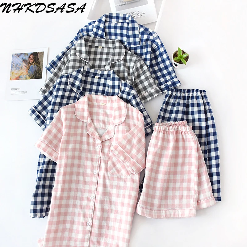 Japanese Simple Short Pyjamas Women 100% Cotton Short Sleeves Men Pajama Sets Shorts Cute Cartoon Sleepwear Women Homewear