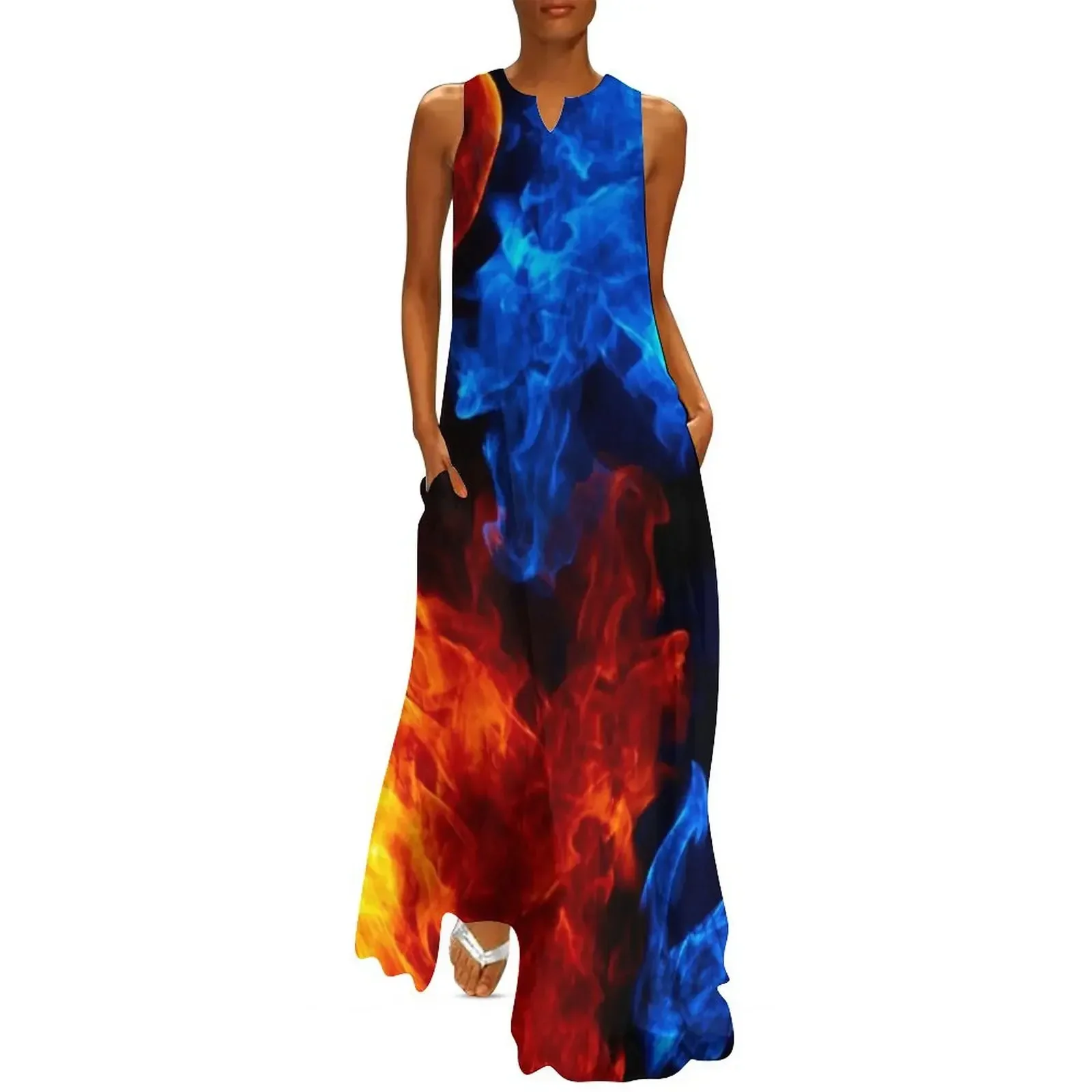 

Red and blue fire pattern Long Dress loose summer dress women long dresses summer dress for women 2025 dresses for women