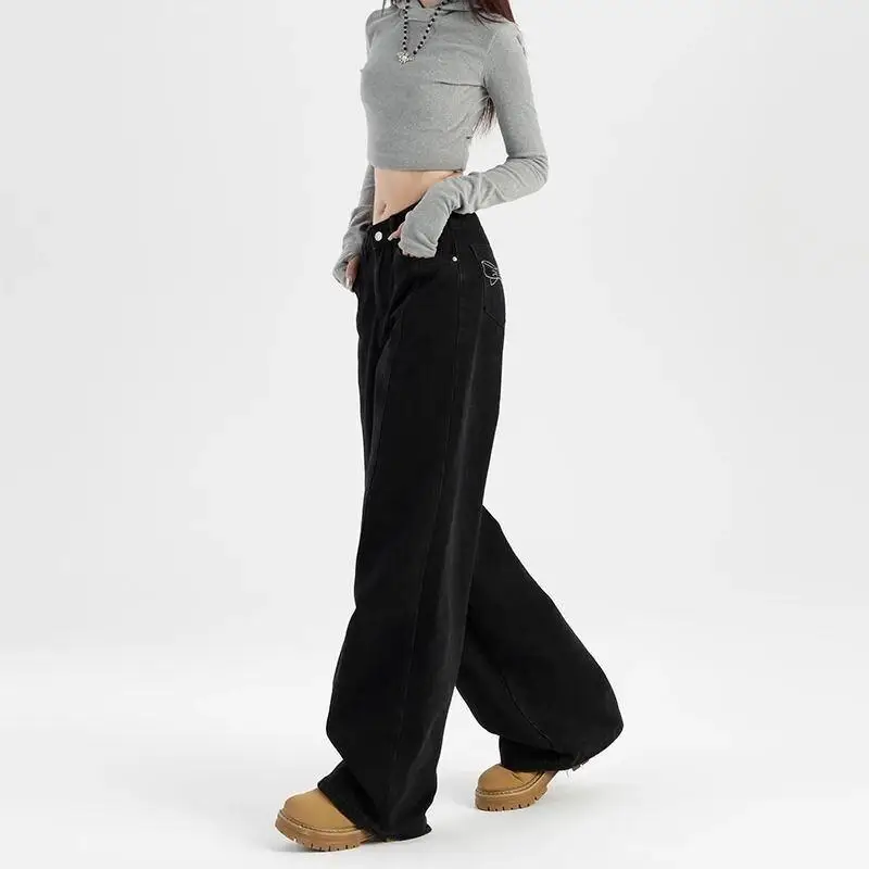 Damskie jeansy z szerokimi nogawkami, małe rozmiary, czarne, wąskie, nowe, na wiosnę, jesień i zimę, spodnie do ziemi, retro, luźne, koreańskie, proste.