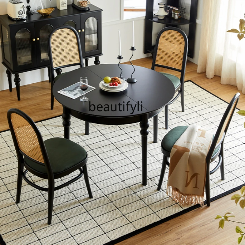 

French Retro Retractable round Table Folding Oval Solid Wood Functional Dining Table and Chair