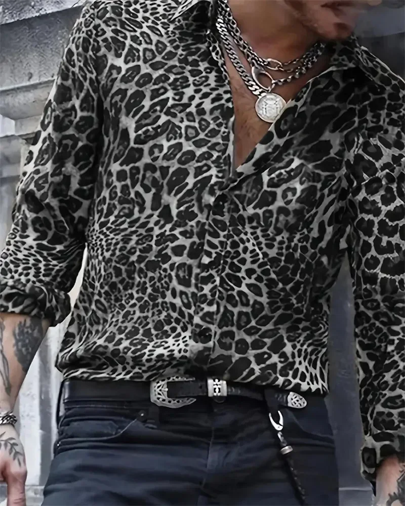 2024 Fashion Leopard Print Men\'s Casual Button Lapel Long Sleeve Shirt Men\'s Shirt S-6XL Korean Reviews Many Clothes Mens Shirt