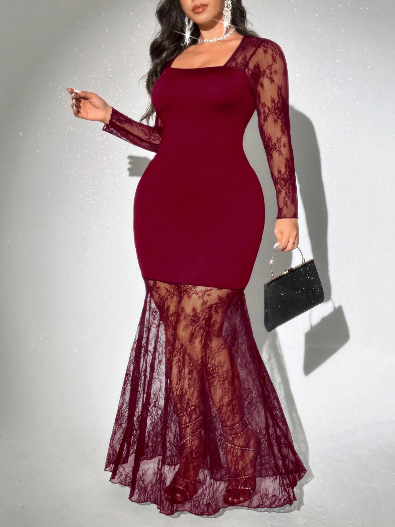 

Женское вечернее платье-русалка больших размеров бордового цвета с кружевными вставками, квадратным вырезом и длинными рукавами, для весенне-летних вечеринок, сексуальное платье