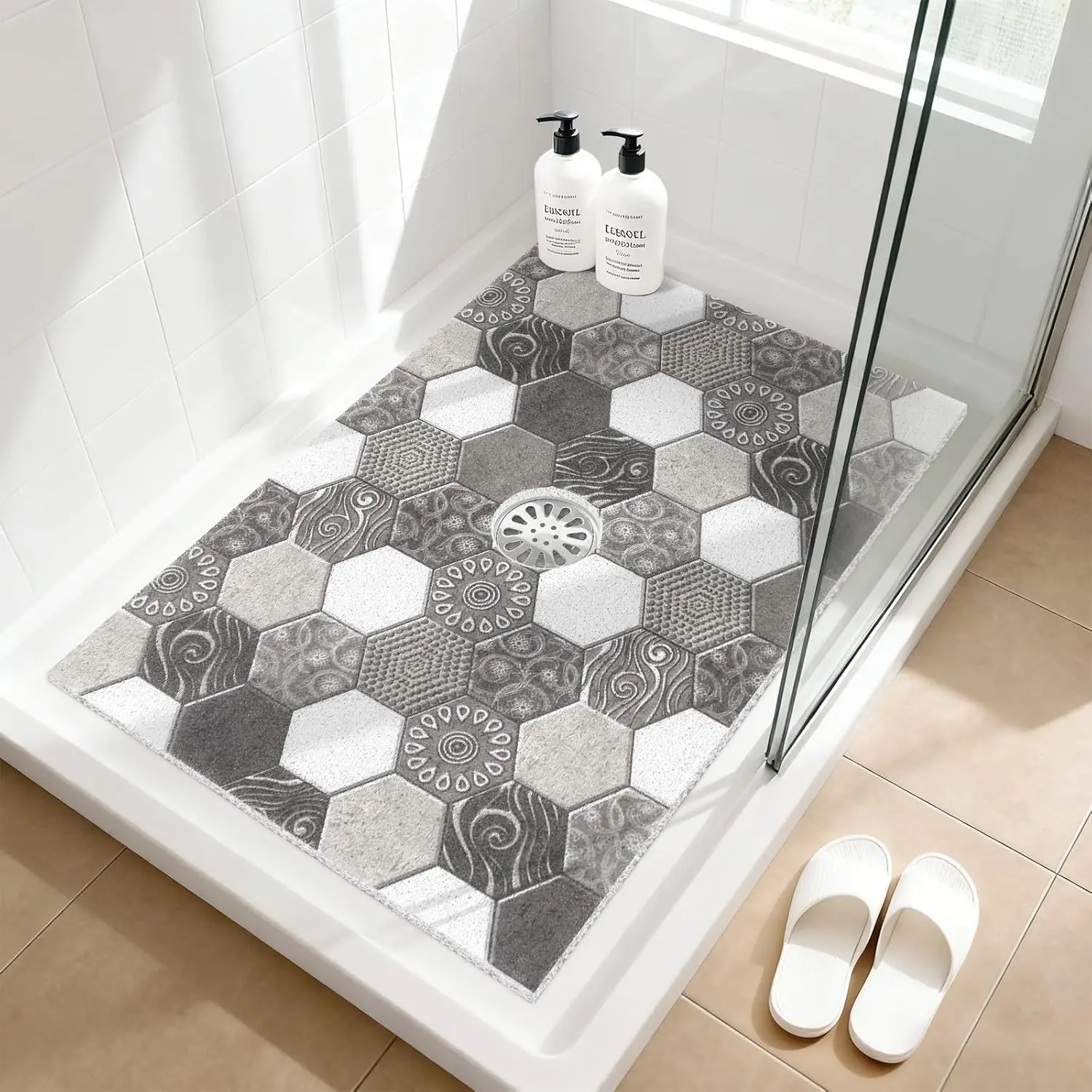 

Non-Slip Shower Mat, 24x36 Inch with Drain Hole, Soft PVC Loofah Massage for Quick Drying Bathroom Safety