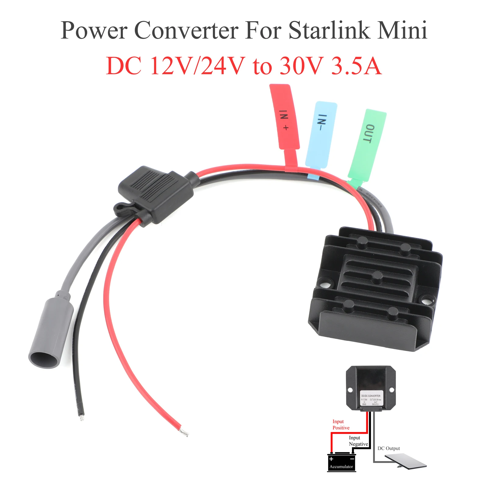 For Starlink MINI DC Power Boost Converter 12V/24V to 30V 3.5A, Fused + DC Female + 3/5/10/20m Extension Cable DC Male-Female