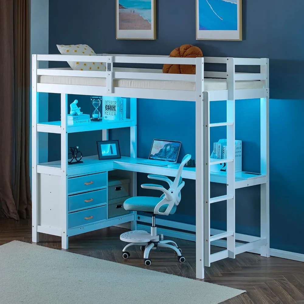 Cama alta doble con escritorio en forma de L y 3 cajones de almacenamiento, litera individual de madera maciza para jugadores con luz LED RGB debajo, 2 caríos