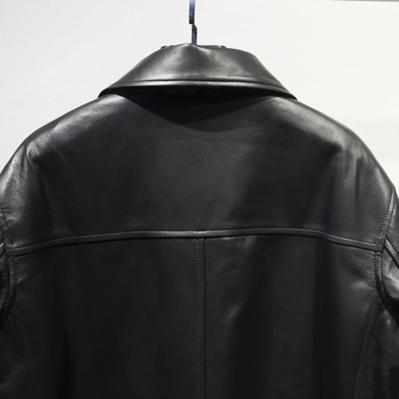 Natural Sheepskin Coat for Women Lapel Zipper Pocekts Black Mid-Length Windbreaker Stylish Casual Long Sleeve Leather Jacket