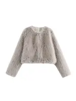 Women's Thick Warm Faux Fur Cropped Jacket, O Neck, Long Sleeve, Female Outerwear, Chic Tops, Fashion - Image 6