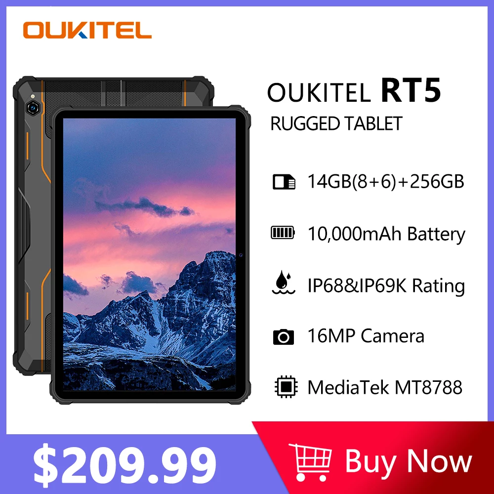 

Oukitel RT5 Rugged Tablet 11000mAh Android 13 10.1 Inch FHD Pad 8GB 256GB Octa Core 16MP Camera Dual SIM 33W Charged Tablets