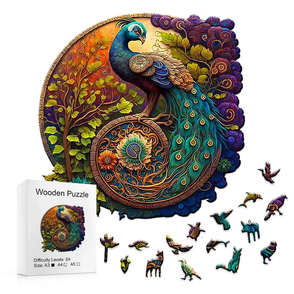 Adult Animal Wooden Puzzles Round Peacock and Bird Wooden Puzzle Children\'s Puzzle Toy Festival Gift A3 A4 A5 Multi Size Puzzle