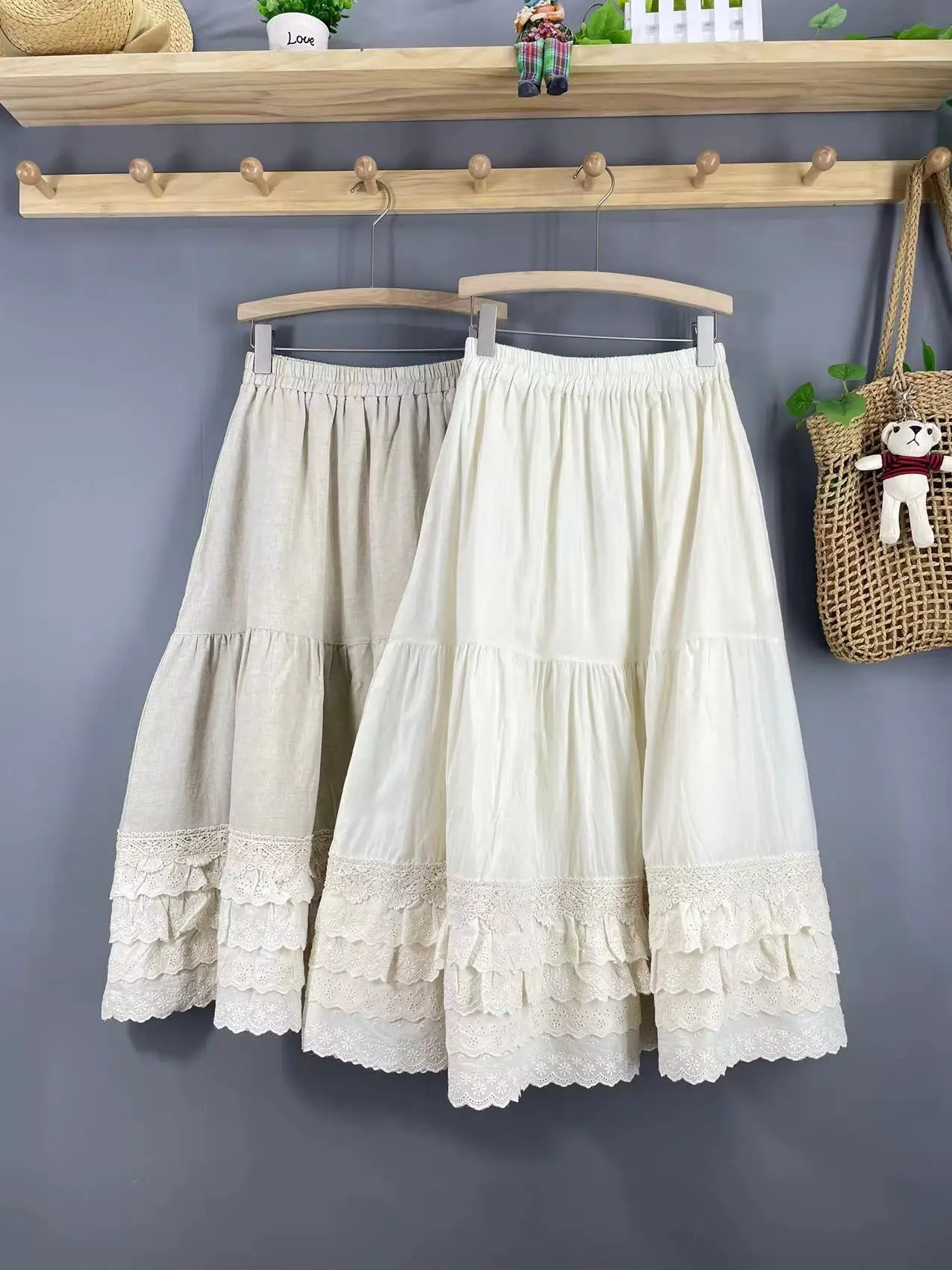 

TIYIHAILEY Cotton Linen Lace Long Maxi Skirts Elastic Waist A Line Beige Spring and Summer Khaki New Fashion 2025 Ladies 2025