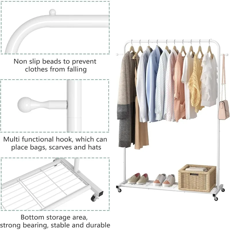 Clothes Rack on wheels with Bottom Mesh Storage Shelf,Sturdy Metal Frame,Rolling Garment Rack for Hanging Clothes,Coats