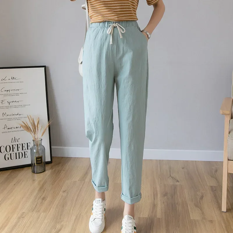 Dames Casual Harajuku Lange Enkellange Broek 2023 Zomer Herfst Grote Stevige Elastische Taille Katoenen Linnen Broek Zwarte Broek