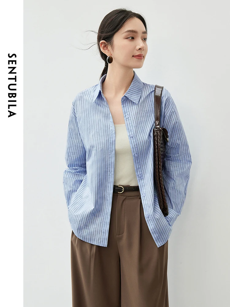 SENTUBILA Striped 100% Cotton Shirt for Women 2024 Autumn Fashion Casual Loose Turn Down Collar  Single-breasted Top 143C56763