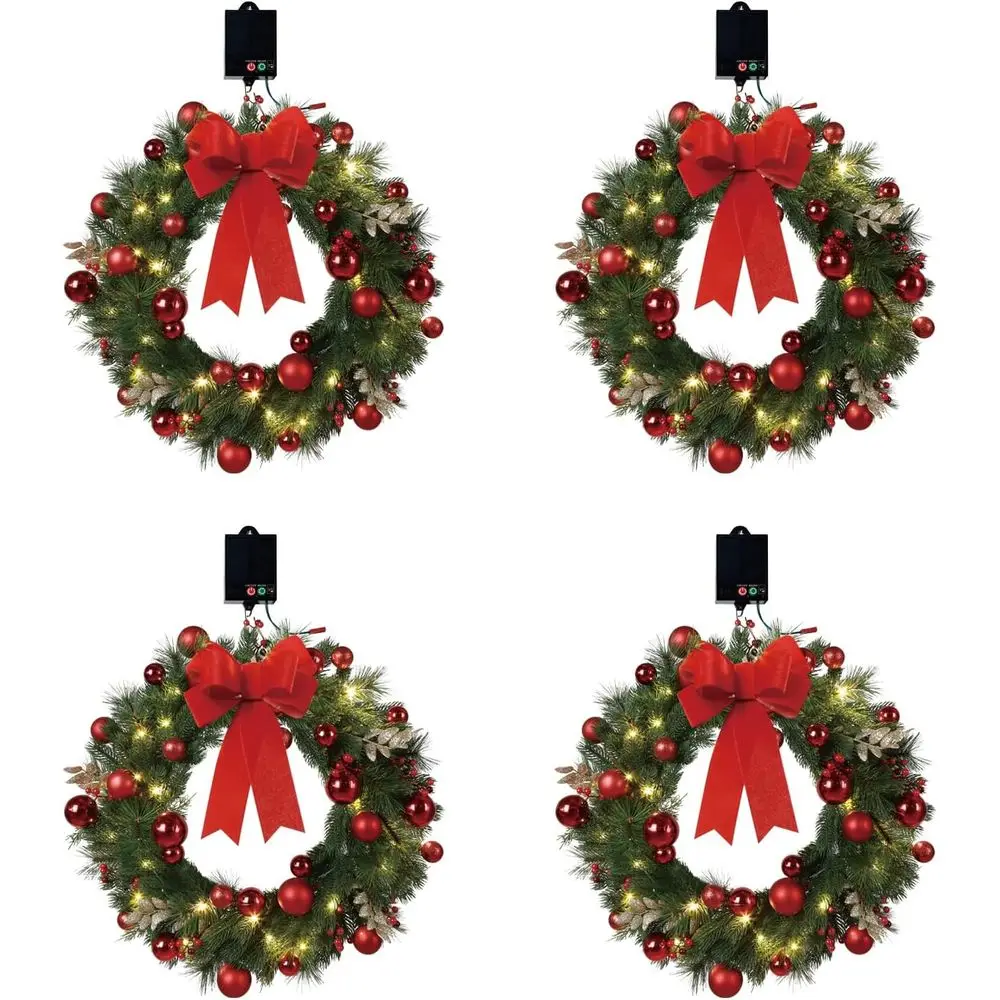 

Chrisas Wreath Pre-Lit 50 Led Artificial Wreath Outdoor Front Door Window Christmas Decorations with Branches Red Velvet Bows Ch