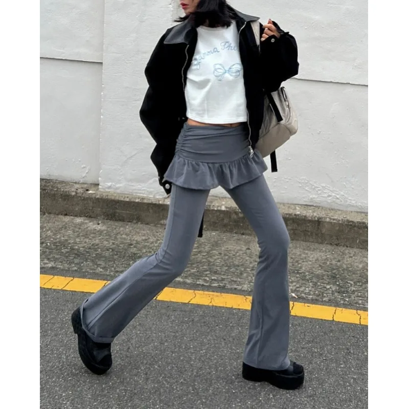 Slim Fit Pure Color Bell Bottoms Short Skirt Fake Two-Piece Long Pants Natural Waist Wide Leg Casual Trousers for Women