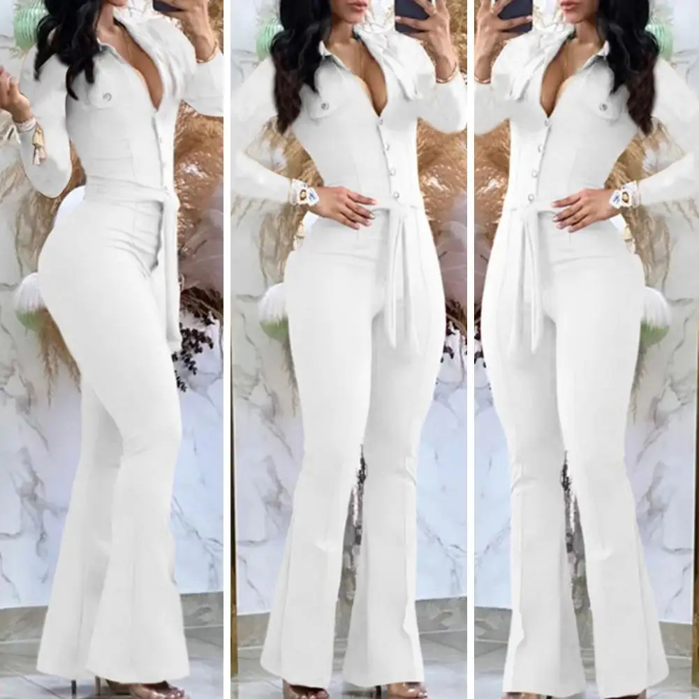 Lady Spring Jumpsuit Women Jumpsuit Elegant Women's High Waist Jumpsuit Flared Cuff Slim Fit Belted Solid Color for Fall Spring