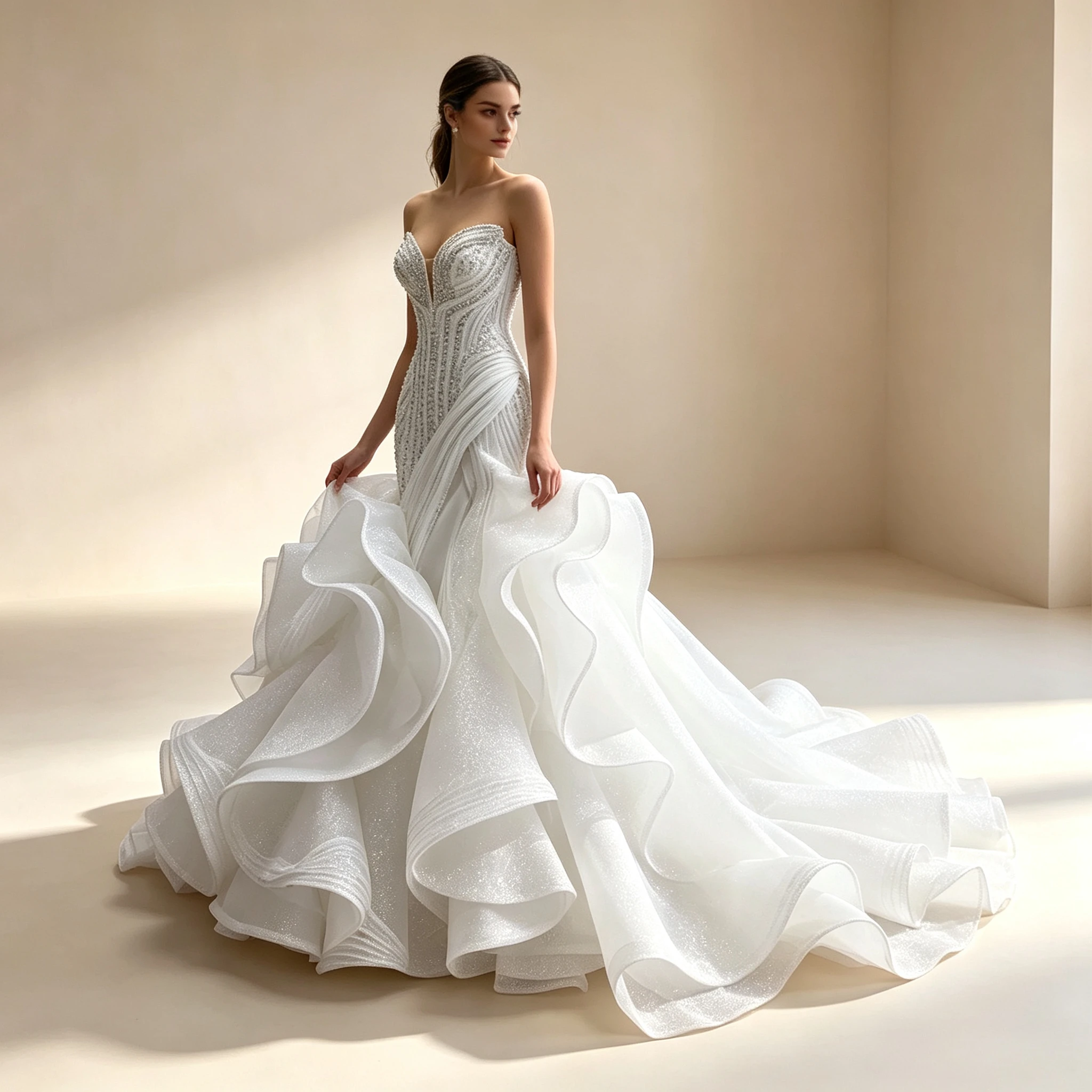 Customized Sweetheart Sleeveless Mermaid Wedding Dresses Sexy Beading Sequins Lace Up Ruffle Open Back Floor Length Bridal Gowns