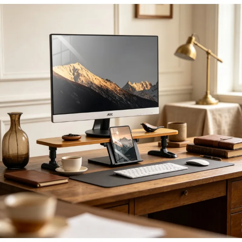 Solid Wood Monitor Riser Adjustable with Keyboard Tray, Ergonomic Desktop Stand for Laptop & PC, Office Desk Elevator Base.
